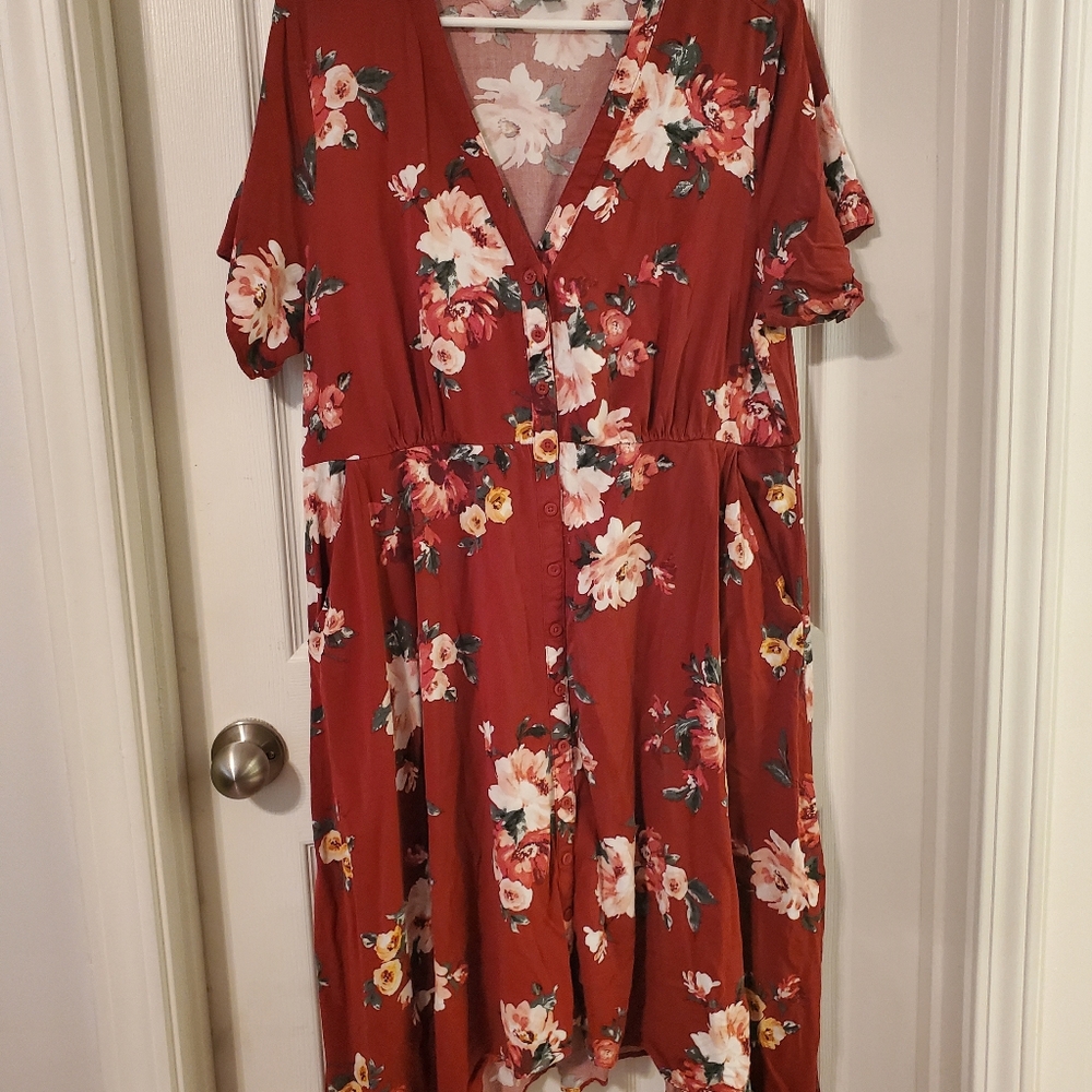 Torrid Red Floral dress w/ handkerchief type hem